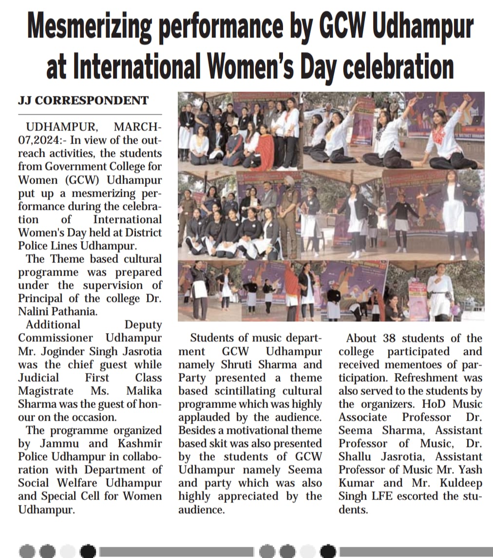 Mesmerizing performance by GCW Udhampur at International Women’s Day celebration